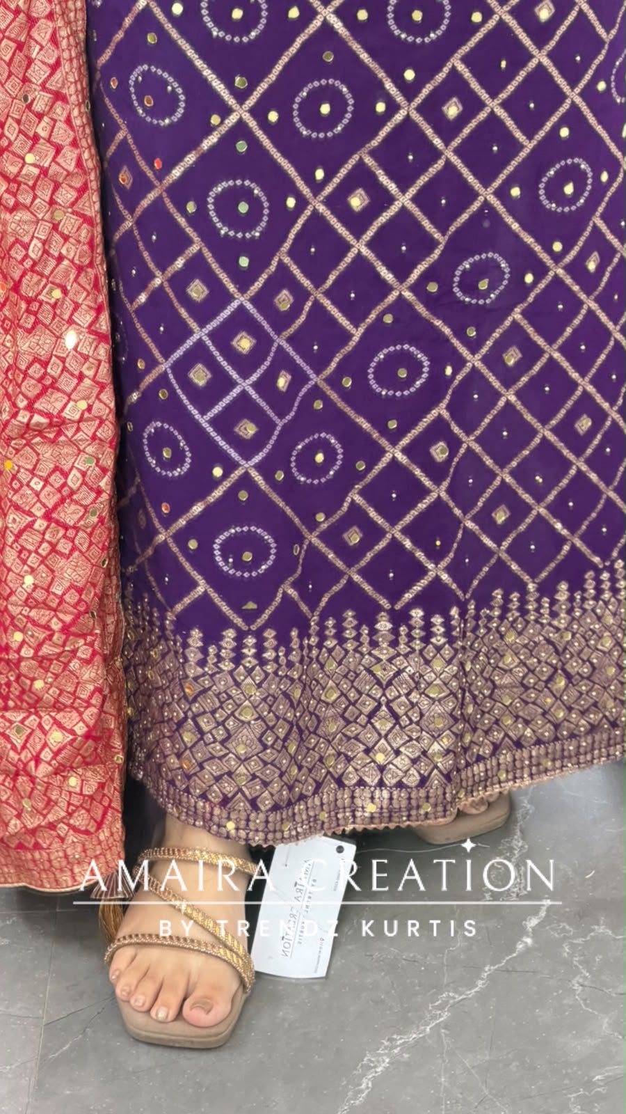 Premium Chinnon Purple Colour Bandhni Print Unstitch Suit Zari & Mirror Work Detailing With Contrast Dupatta