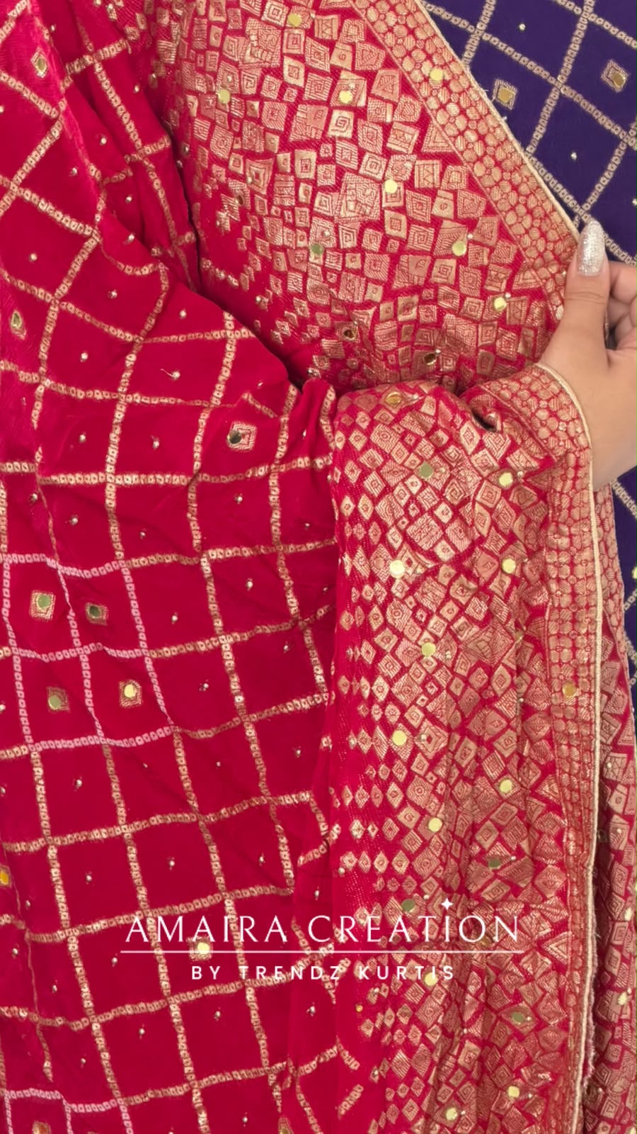 Premium Chinnon Purple Colour Bandhni Print Unstitch Suit Zari & Mirror Work Detailing With Contrast Dupatta