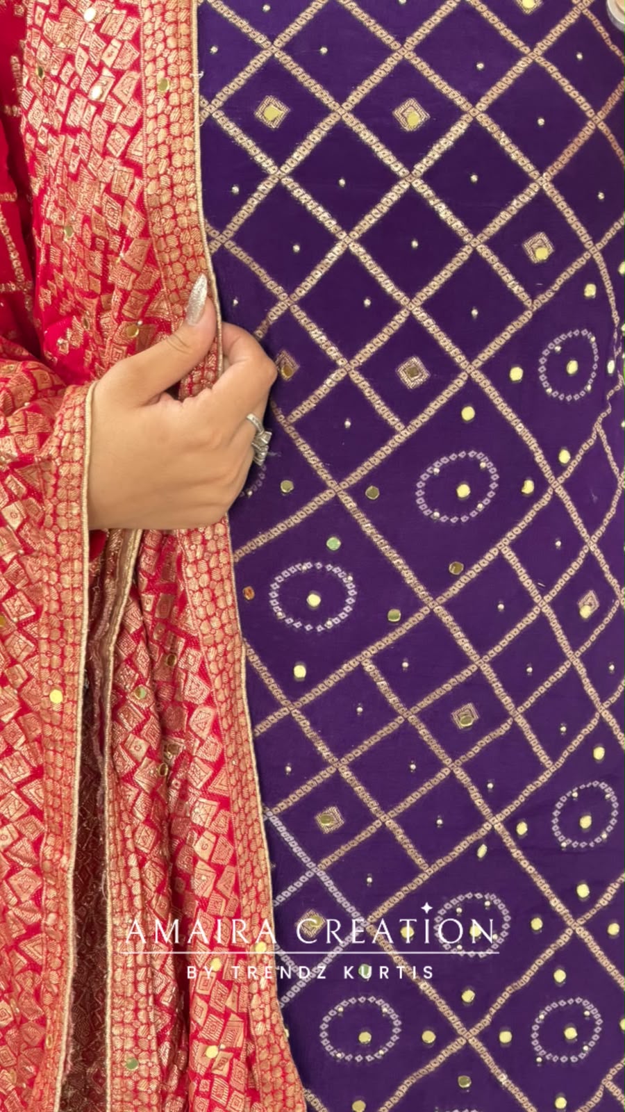 Premium Chinnon Purple Colour Bandhni Print Unstitch Suit Zari & Mirror Work Detailing With Contrast Dupatta