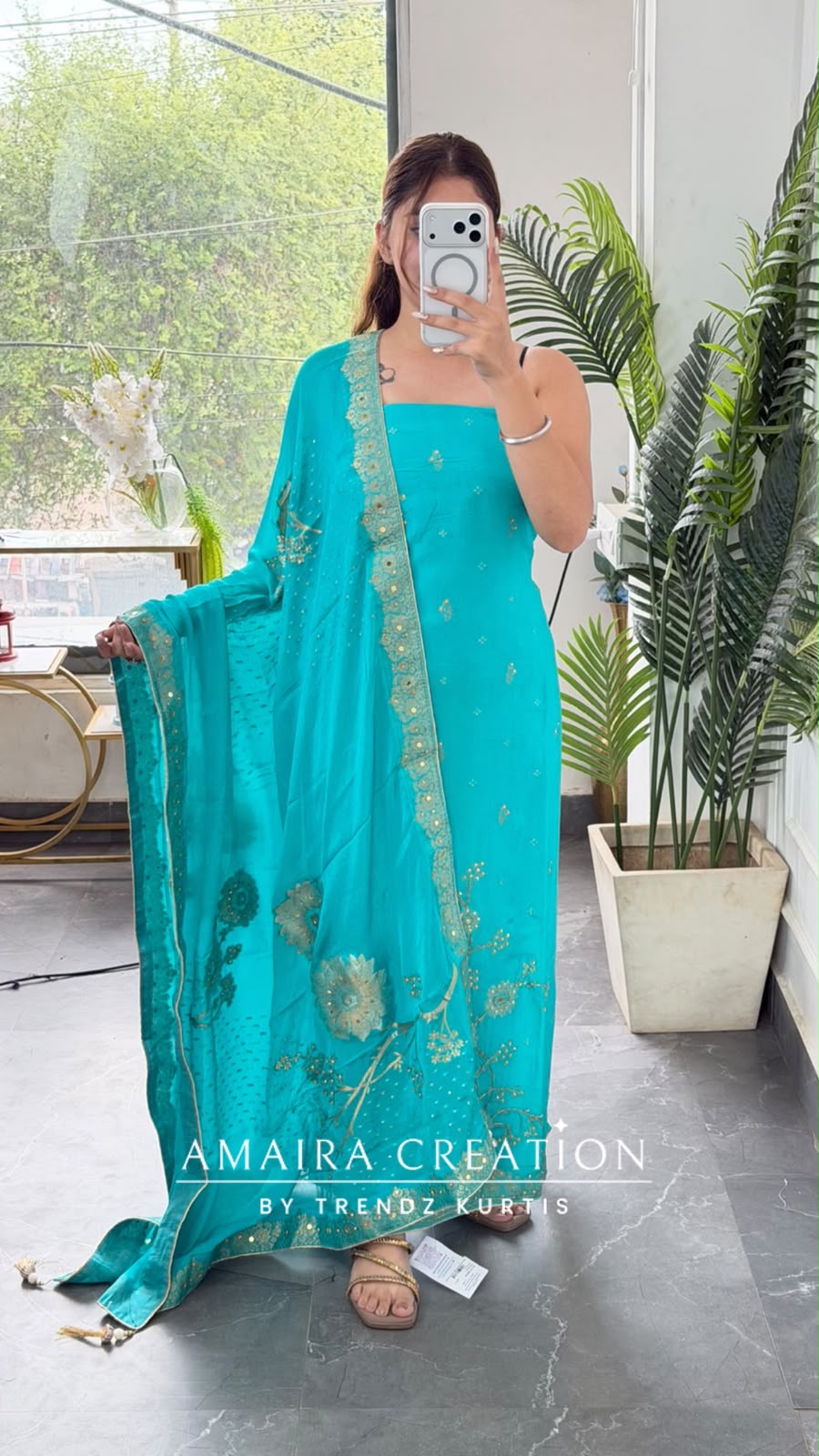 Premium Silk Firozi Colour Unstitch Suit With Full Heavy Silk Dupatta