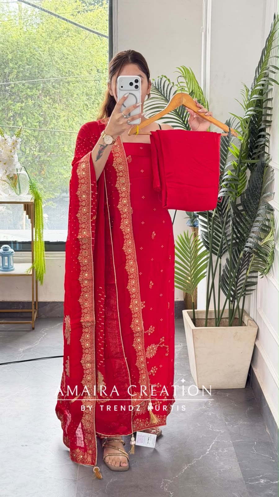 Premium Silk Red Colour Unstitch Suit With Full Heavy Silk Dupatta Rs 3400