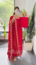 Premium Silk Red Colour Unstitch Suit With Full Heavy Silk Dupatta Rs 3400