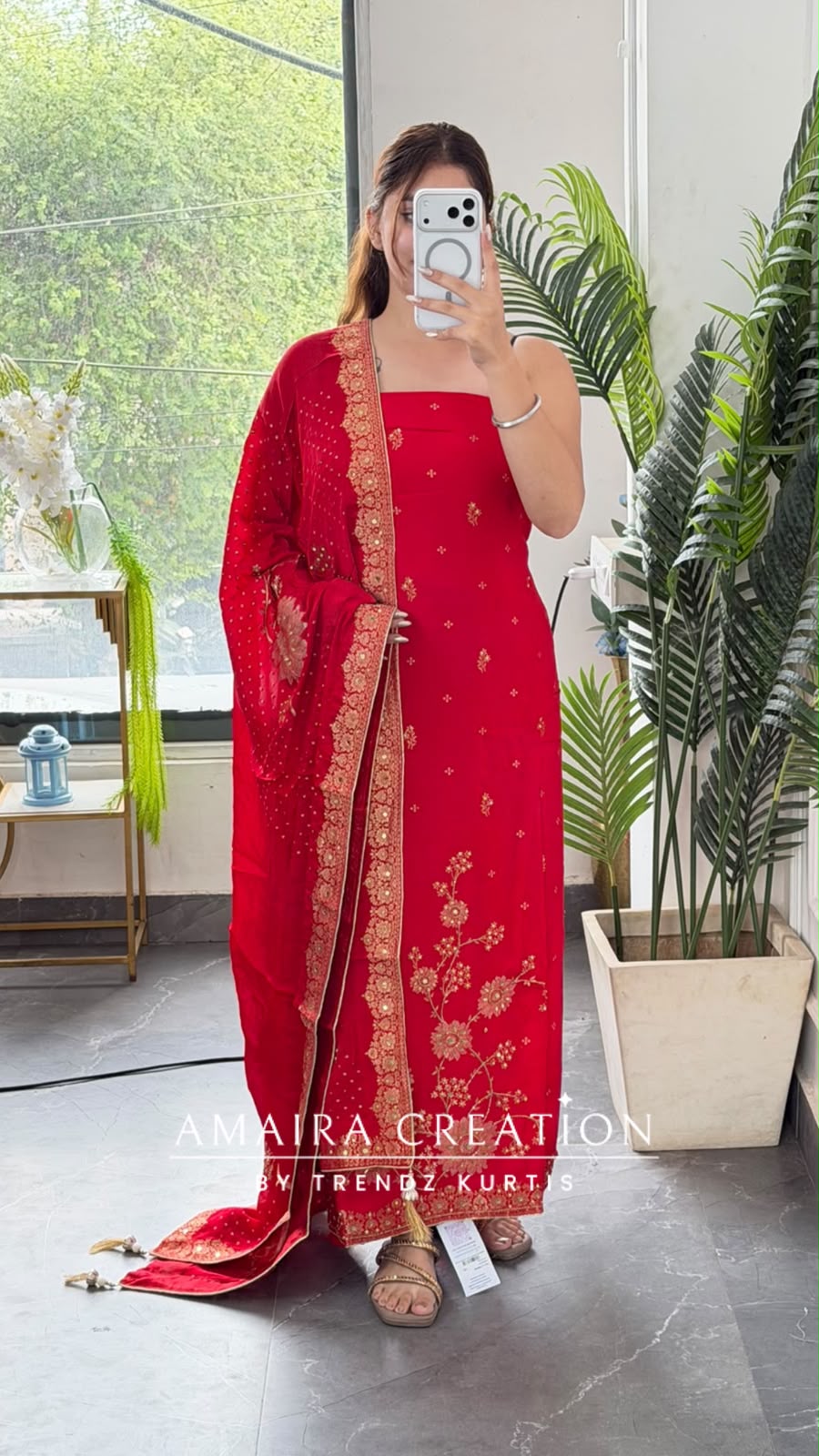Premium Silk Red Colour Unstitch Suit With Full Heavy Silk Dupatta Rs 3400