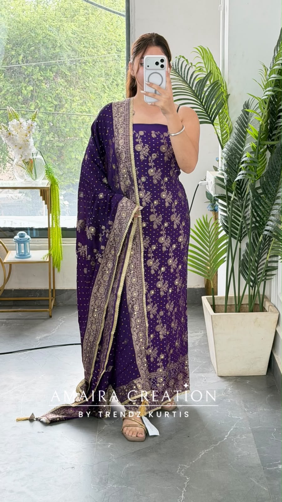 Premium Chinnon Purple Colour Unstitch Suit With Beautiful Chinnon Dupatta