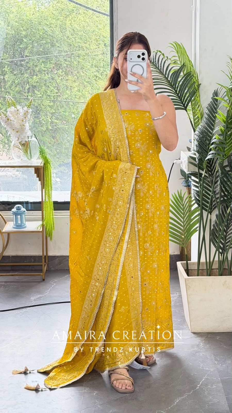 Premium Chinnon Mustard Colour Unstitch Suit With Beautiful Chinnon Dupatt