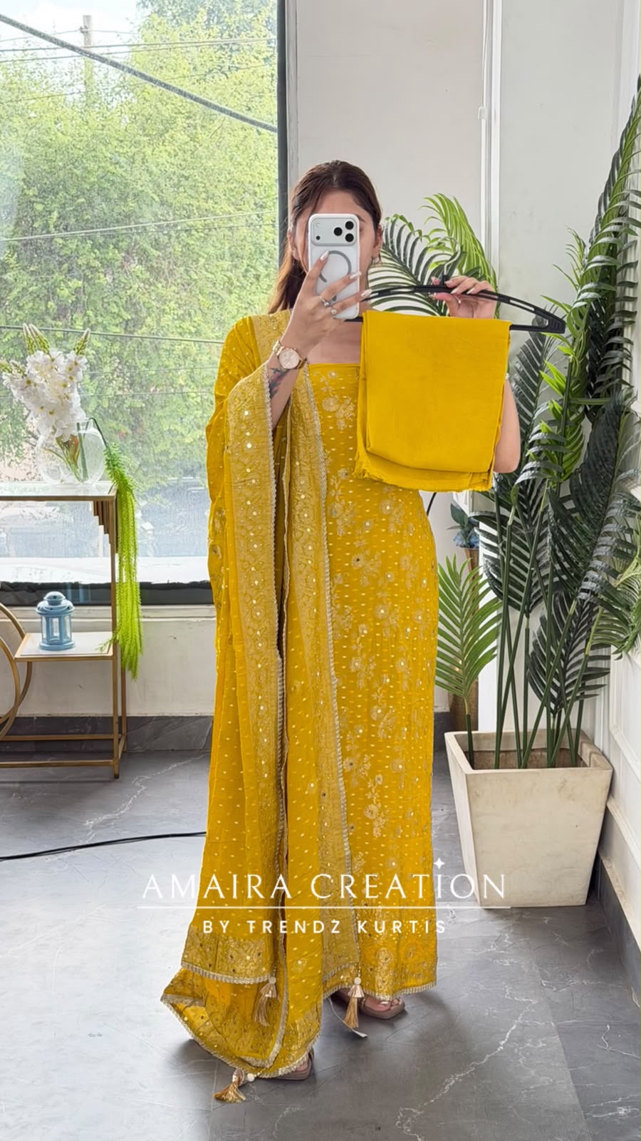 Premium Chinnon Mustard Colour Unstitch Suit With Beautiful Chinnon Dupatt