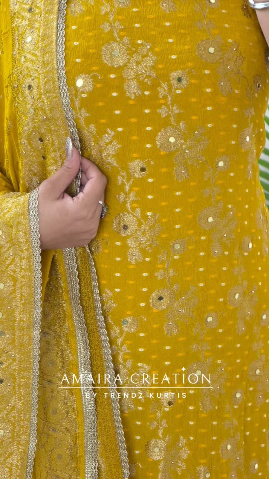 Premium Chinnon Mustard Colour Unstitch Suit With Beautiful Chinnon Dupatt