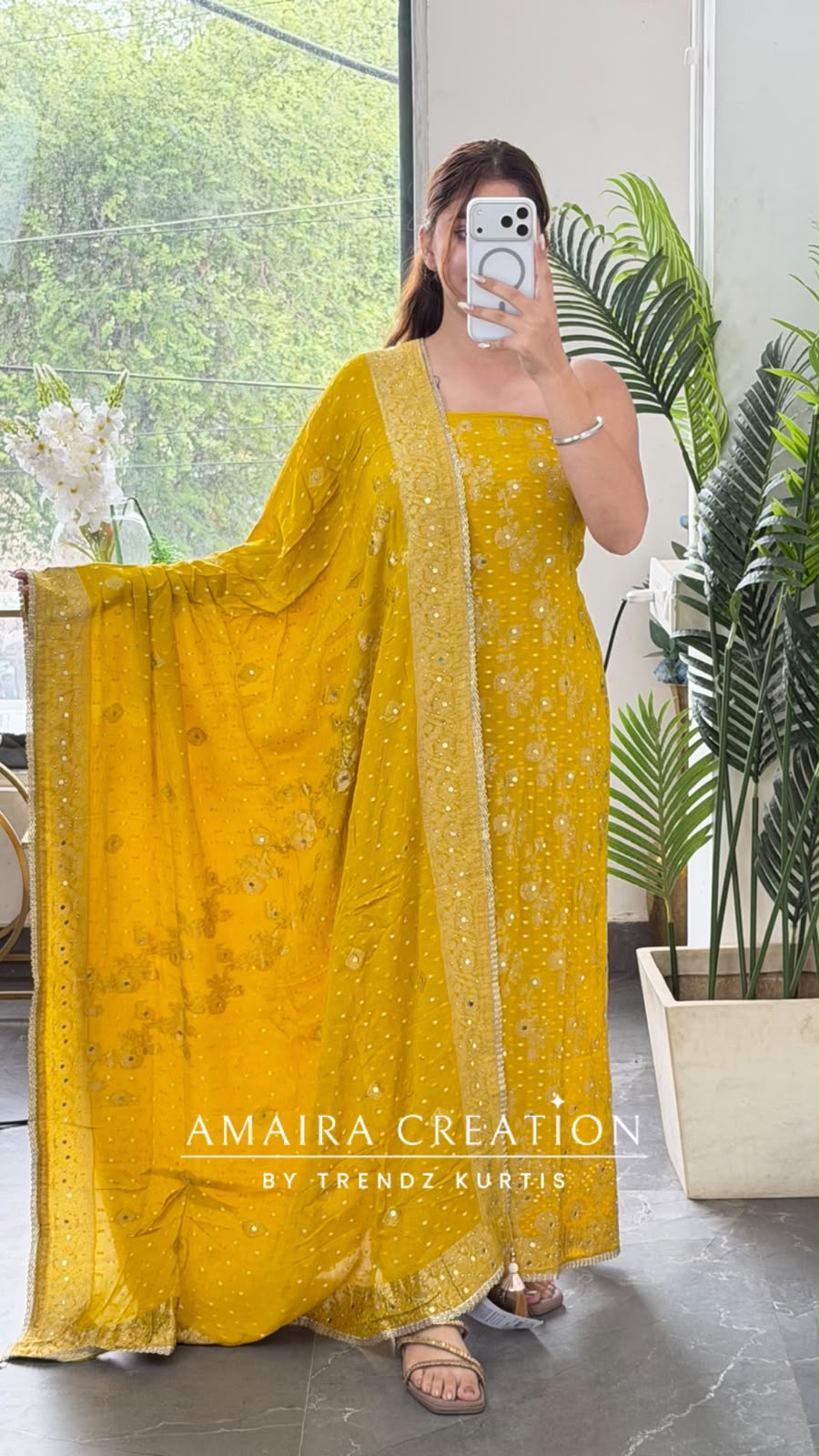 Premium Chinnon Mustard Colour Unstitch Suit With Beautiful Chinnon Dupatt