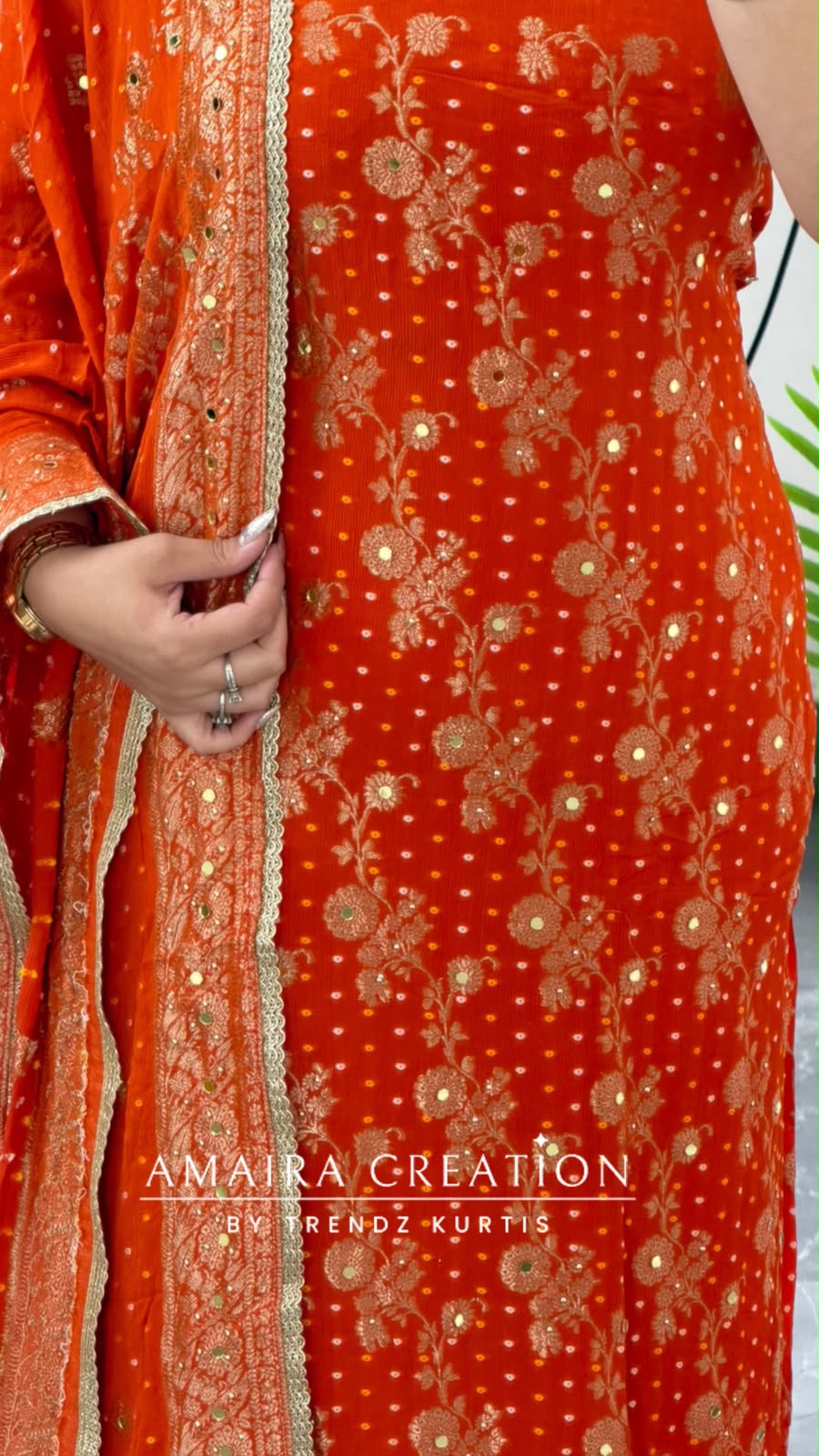 Premium Chinnon Orange Colour Unstitch Suit With Beautiful Chinnon Dupatta