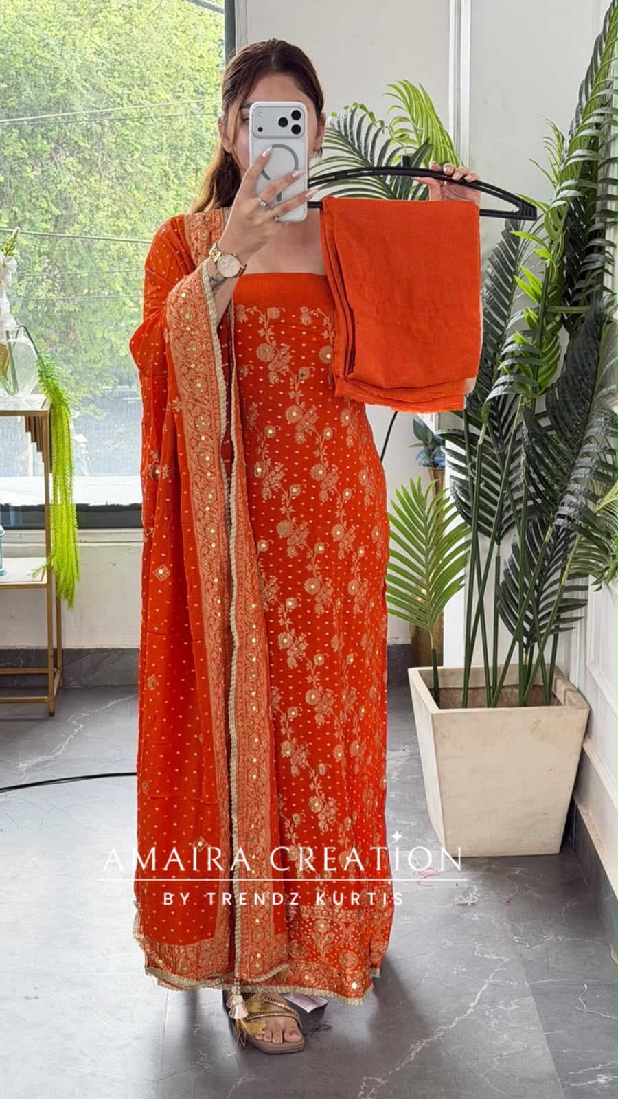 Premium Chinnon Orange Colour Unstitch Suit With Beautiful Chinnon Dupatta