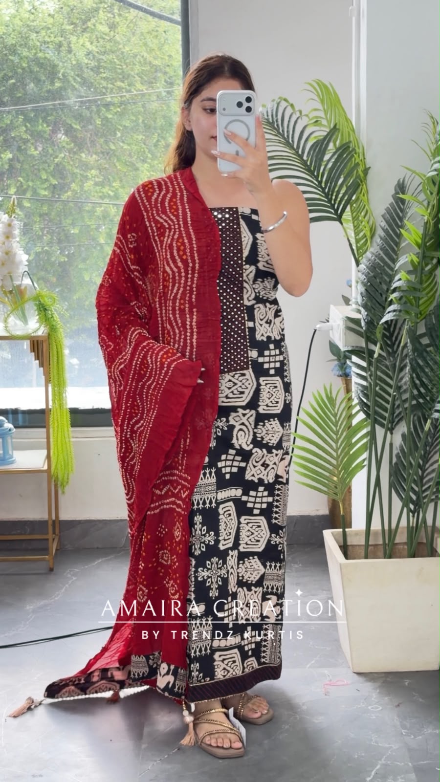 Premium Cotton Black n Beige Colour With Red Colour Bandhni Print Dupatta