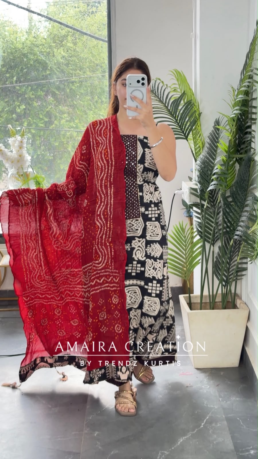 Premium Cotton Black n Beige Colour With Red Colour Bandhni Print Dupatta