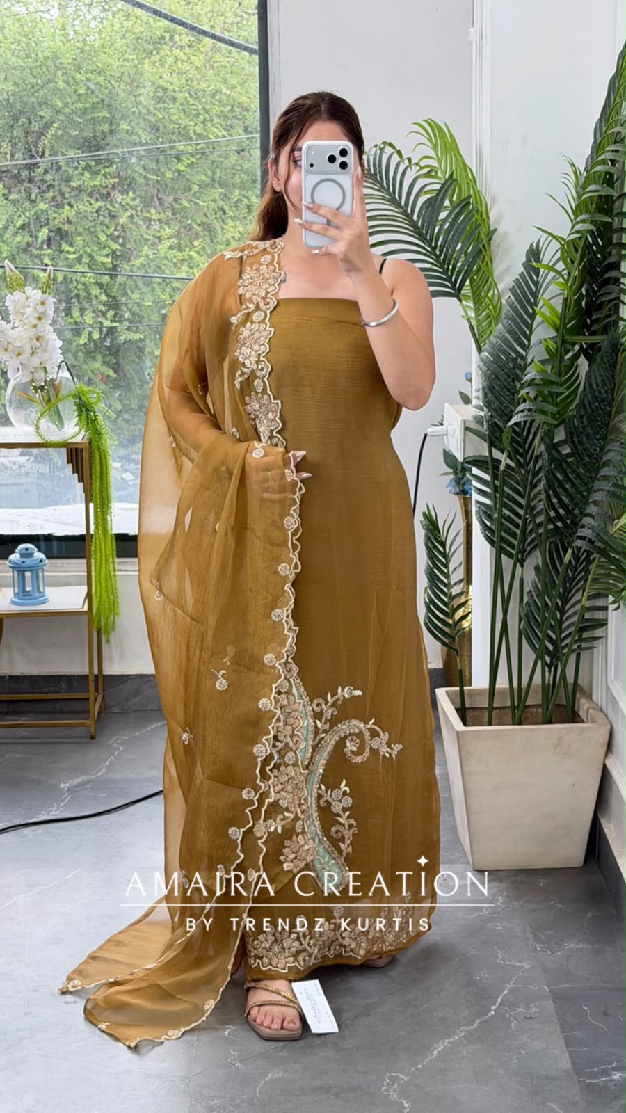 Premium Organza Golden Colour Unstitch Suit With Beautiful Hand Work