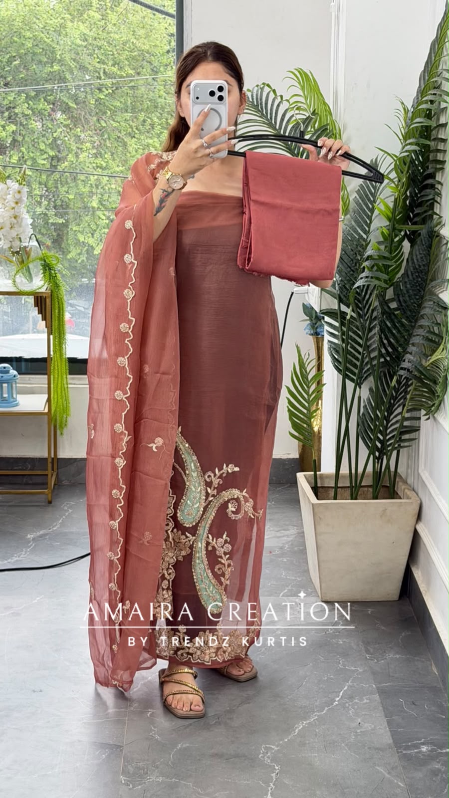 Premium Organza Dark Peach Colour Unstitch Suit With Beautiful Hand Work