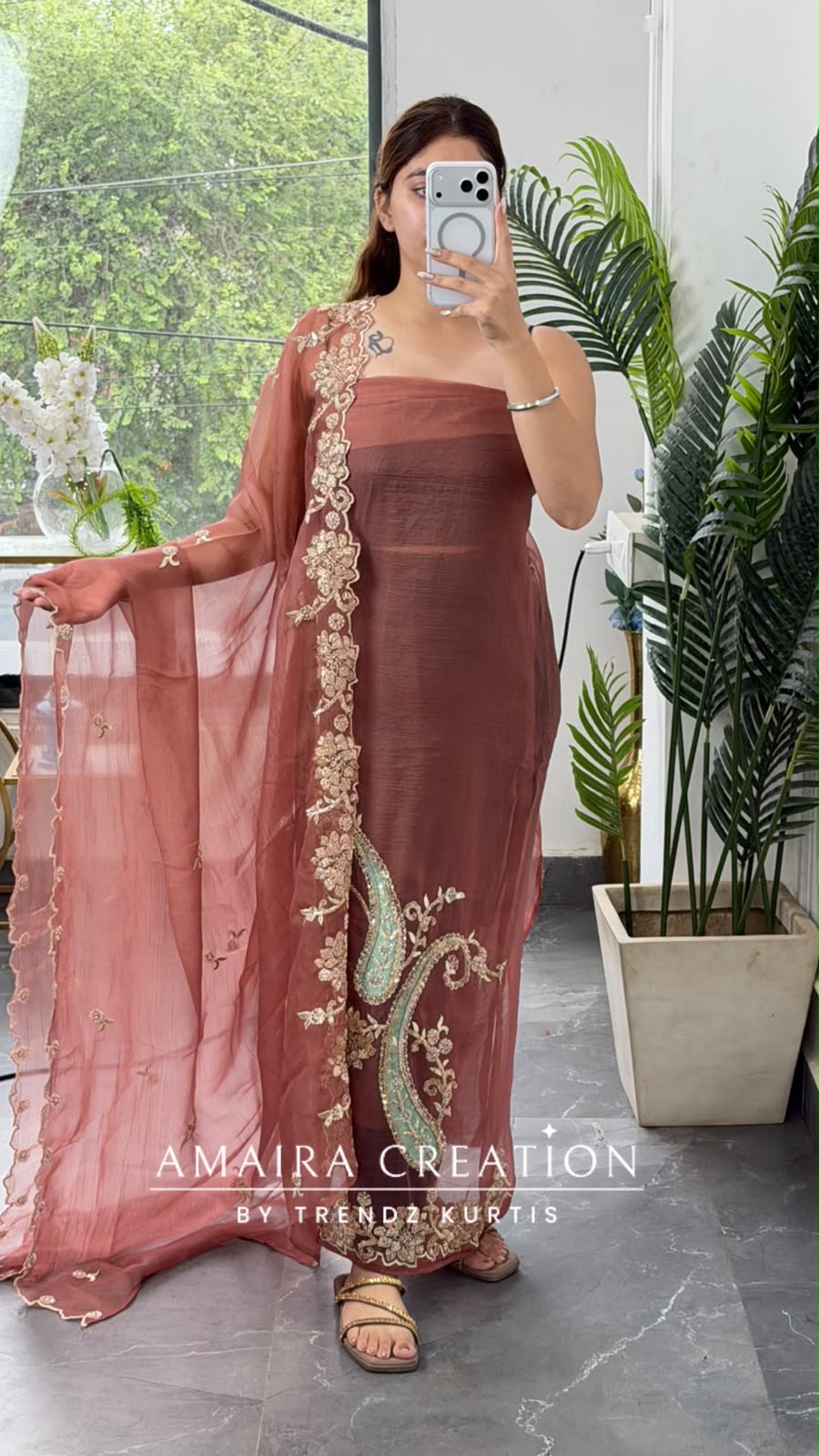 Premium Organza Dark Peach Colour Unstitch Suit With Beautiful Hand Work