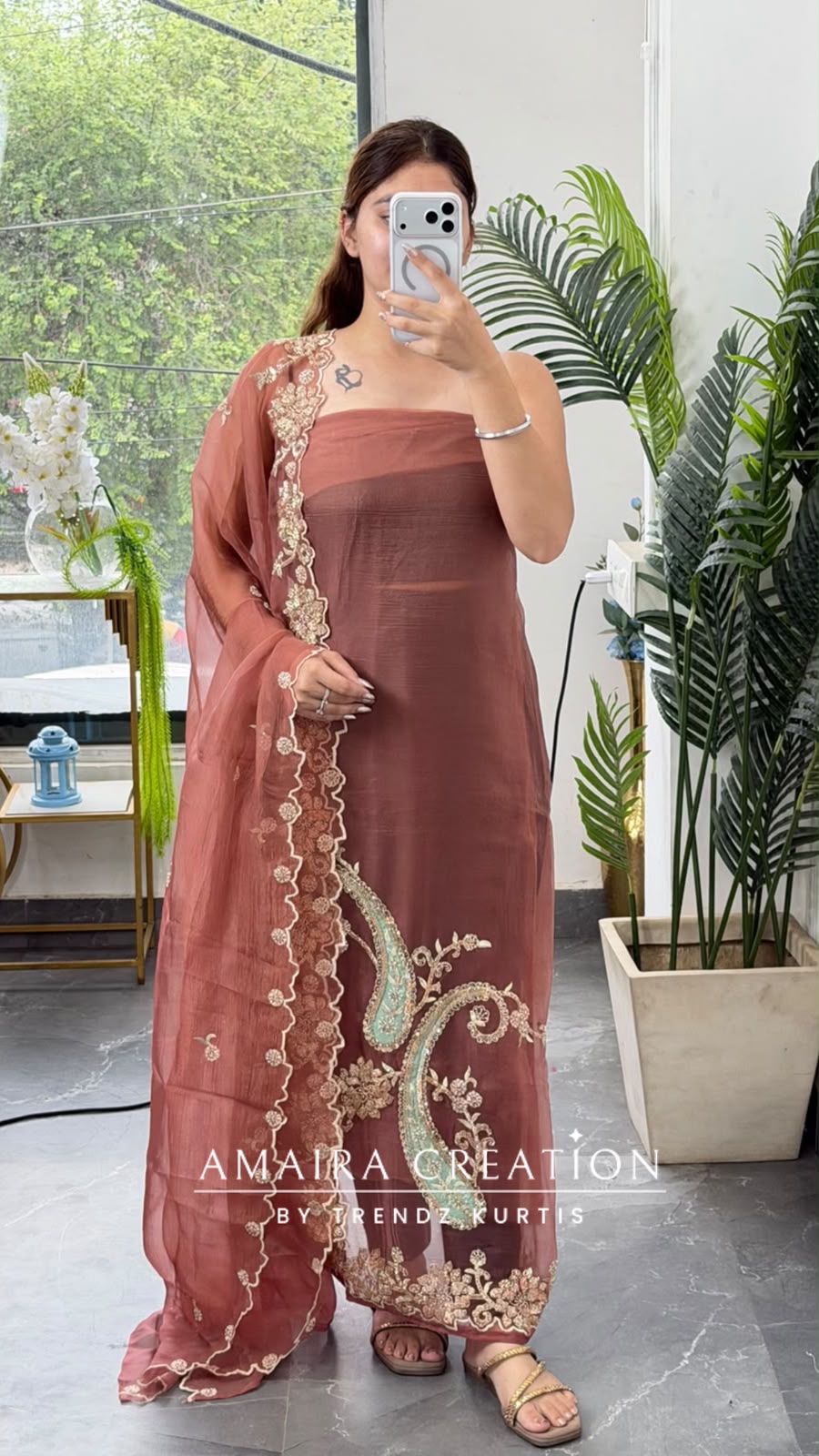Premium Organza Dark Peach Colour Unstitch Suit With Beautiful Hand Work