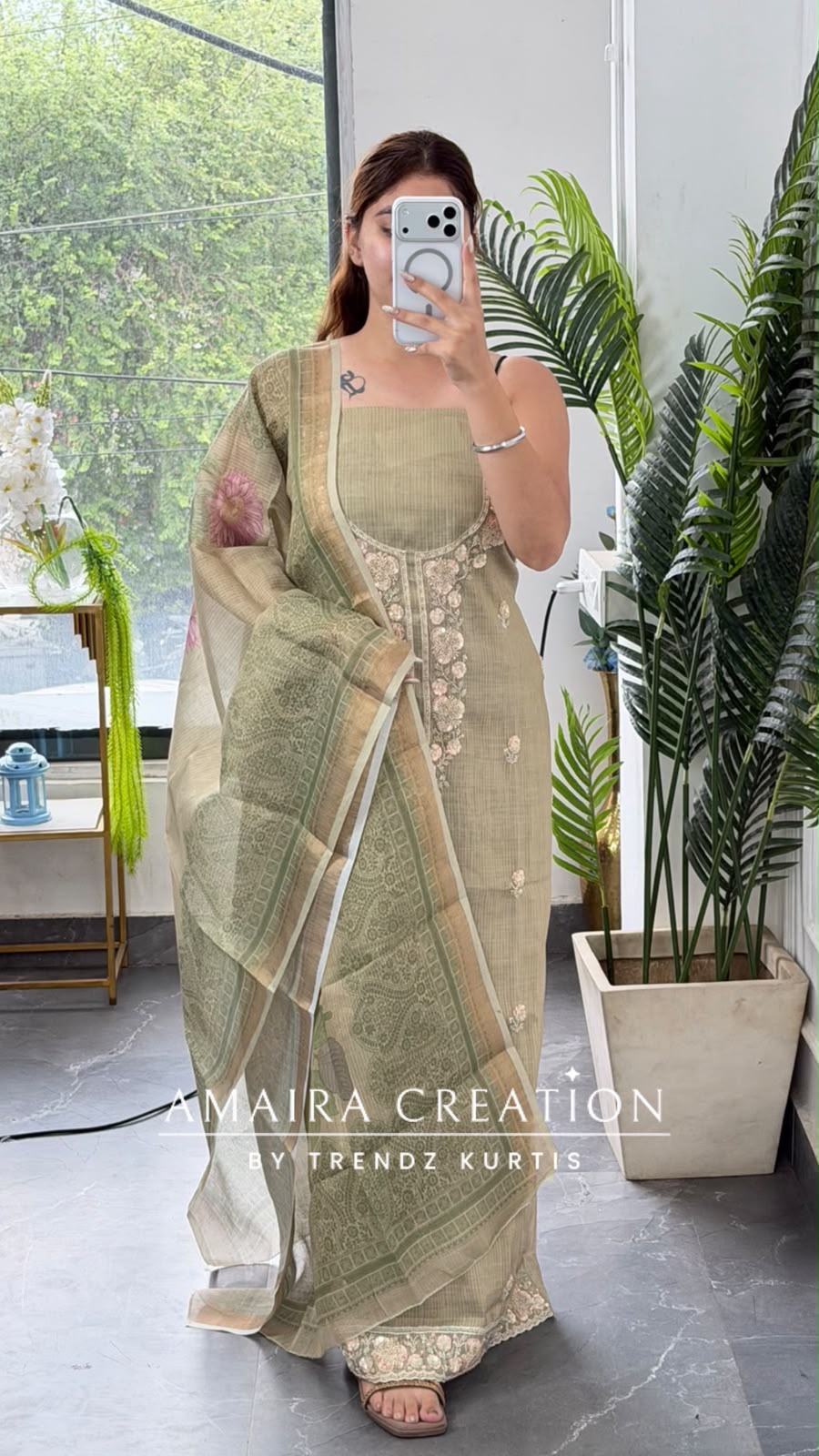 Premium Shimmer Silk Pista Colour Unstitch Suit With Printed Dupatta