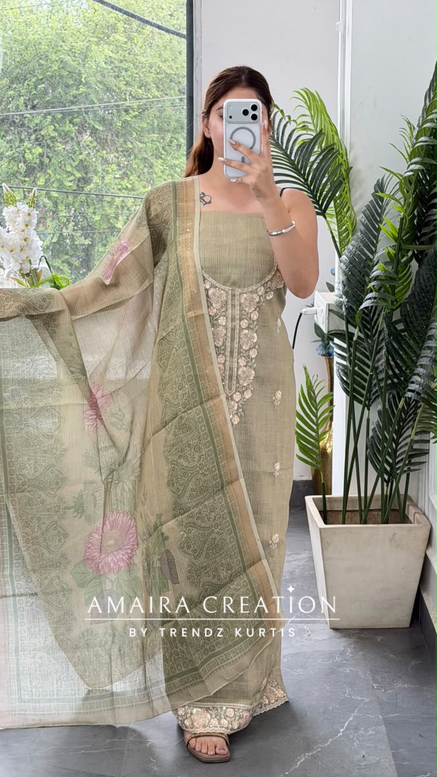 Premium Shimmer Silk Pista Colour Unstitch Suit With Printed Dupatta