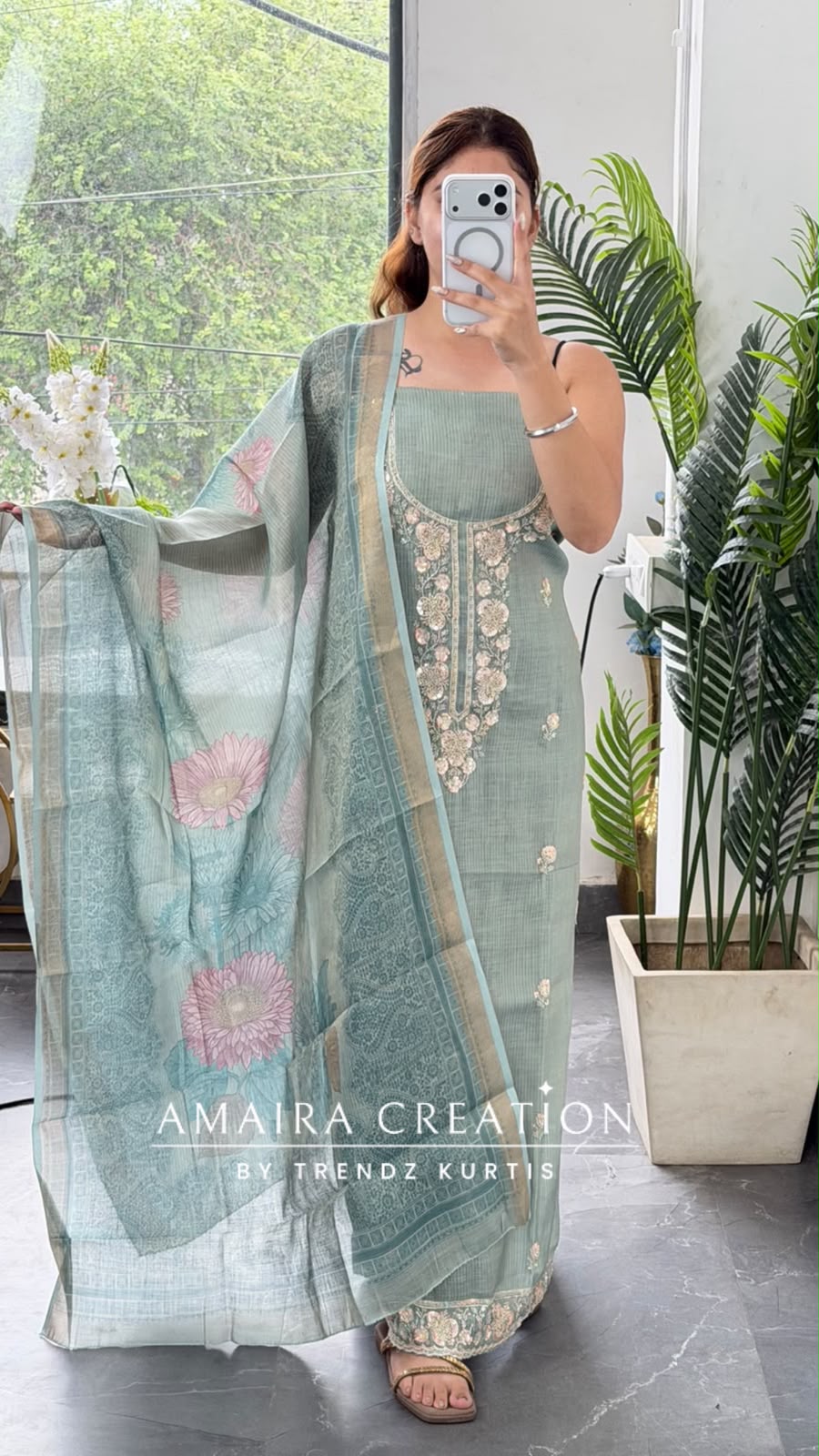 Premium Shimmer Silk Sea Green Colour Unstitch Suit With Printed Dupatta