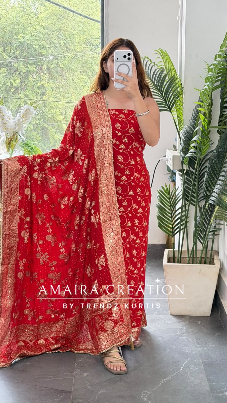 Premium Chinnon Red Colour Bandhni Print Pattern Unstitch Suit With Banarasi Chinnon Dupatta