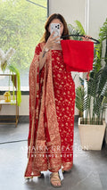 Premium Chinnon Red Colour Bandhni Print Pattern Unstitch Suit With Banarasi Chinnon Dupatta