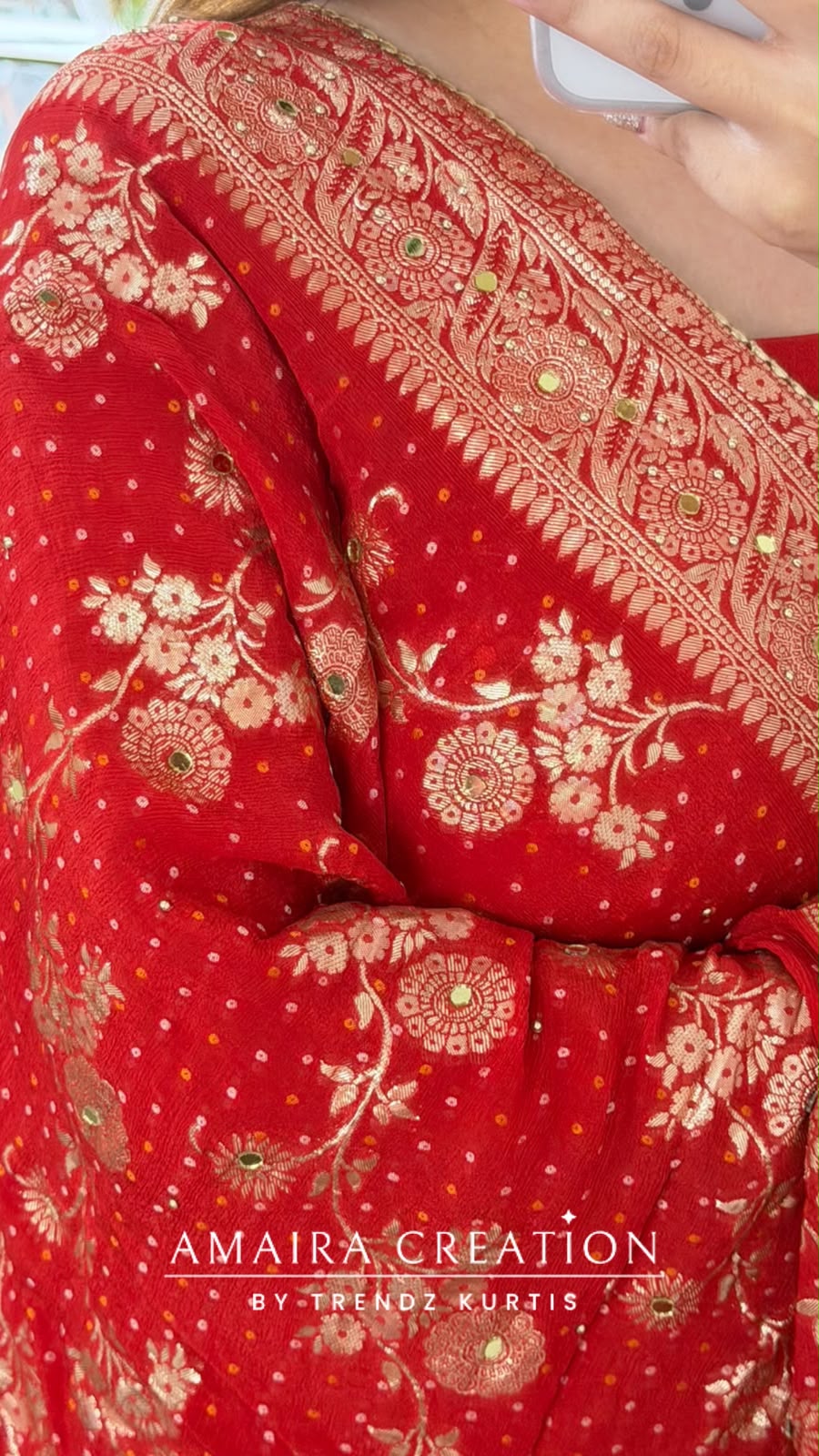 Premium Chinnon Red Colour Bandhni Print Pattern Unstitch Suit With Banarasi Chinnon Dupatta
