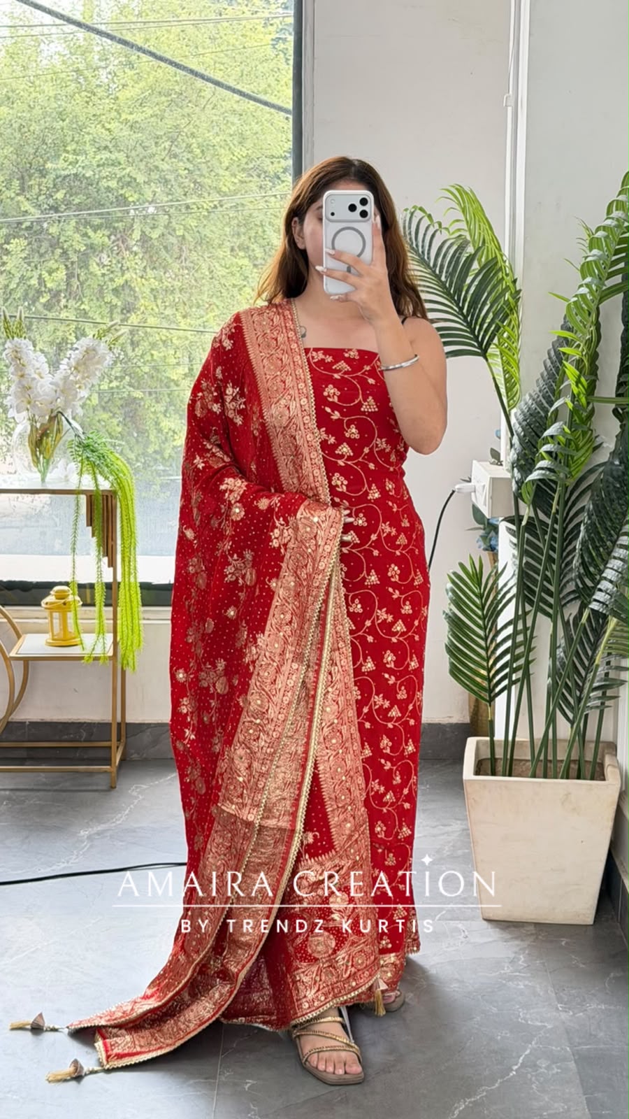 Premium Chinnon Red Colour Bandhni Print Pattern Unstitch Suit With Banarasi Chinnon Dupatta