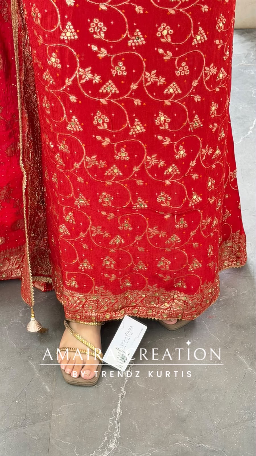 Premium Chinnon Red Colour Bandhni Print Pattern Unstitch Suit With Banarasi Chinnon Dupatta