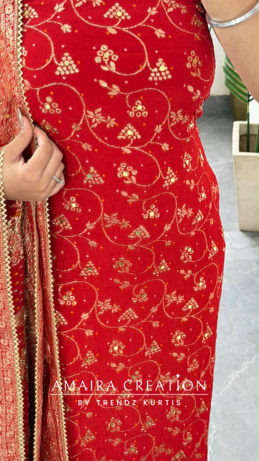 Premium Chinnon Red Colour Bandhni Print Pattern Unstitch Suit With Banarasi Chinnon Dupatta