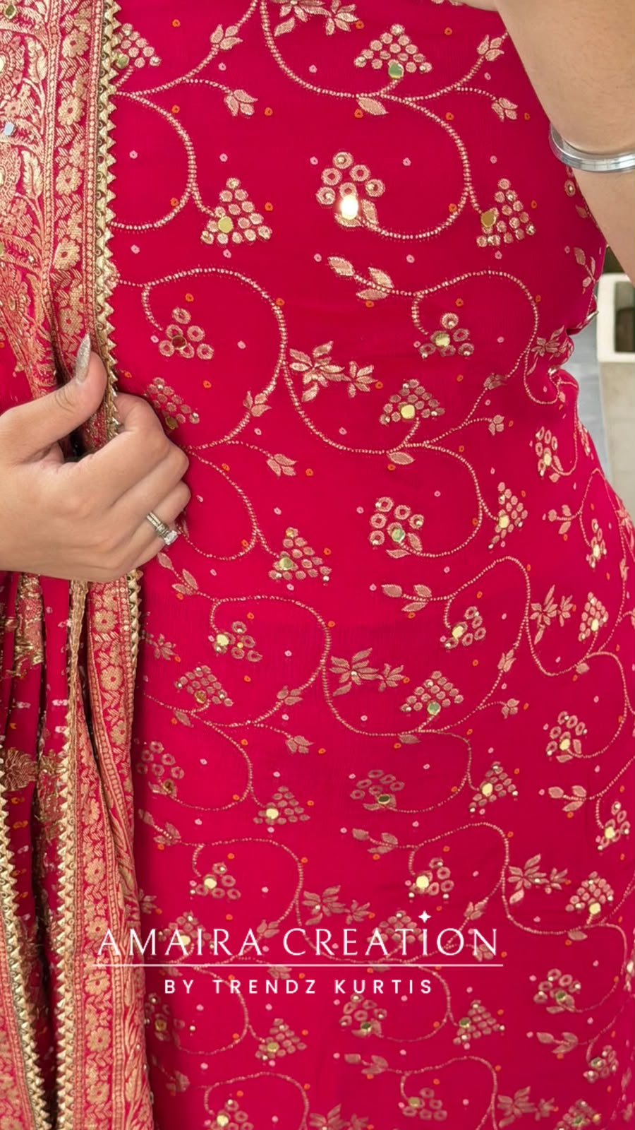 Premium Chinnon Magenta Colour Bandhni Print Pattern Unstitch Suit With Banarasi