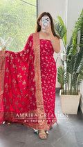 Premium Chinnon Magenta Colour Bandhni Print Pattern Unstitch Suit With Banarasi