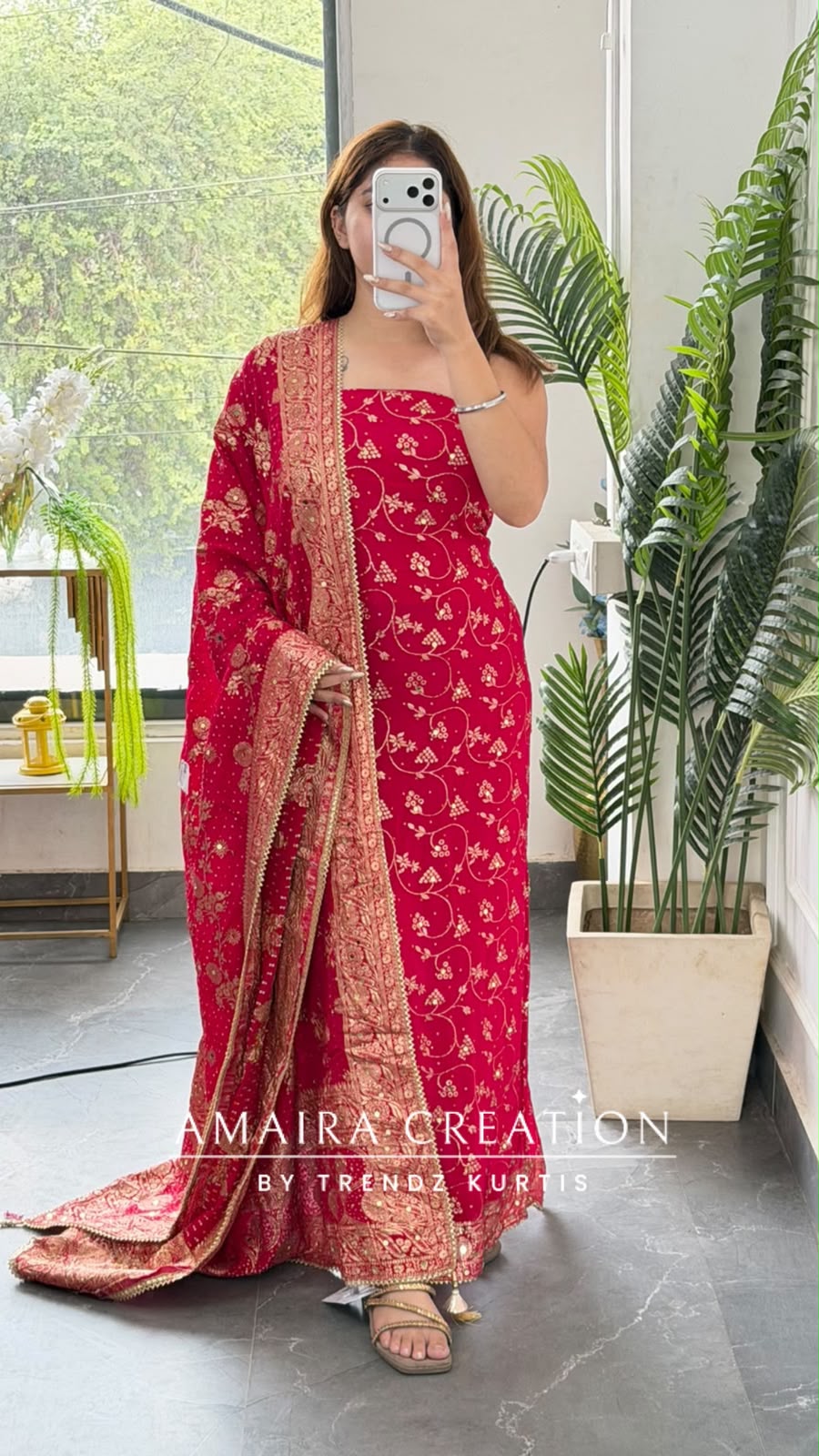 Premium Chinnon Magenta Colour Bandhni Print Pattern Unstitch Suit With Banarasi