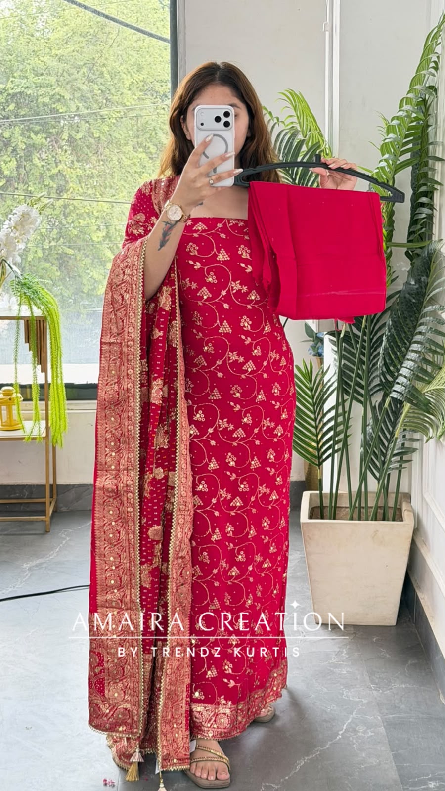 Premium Chinnon Magenta Colour Bandhni Print Pattern Unstitch Suit With Banarasi