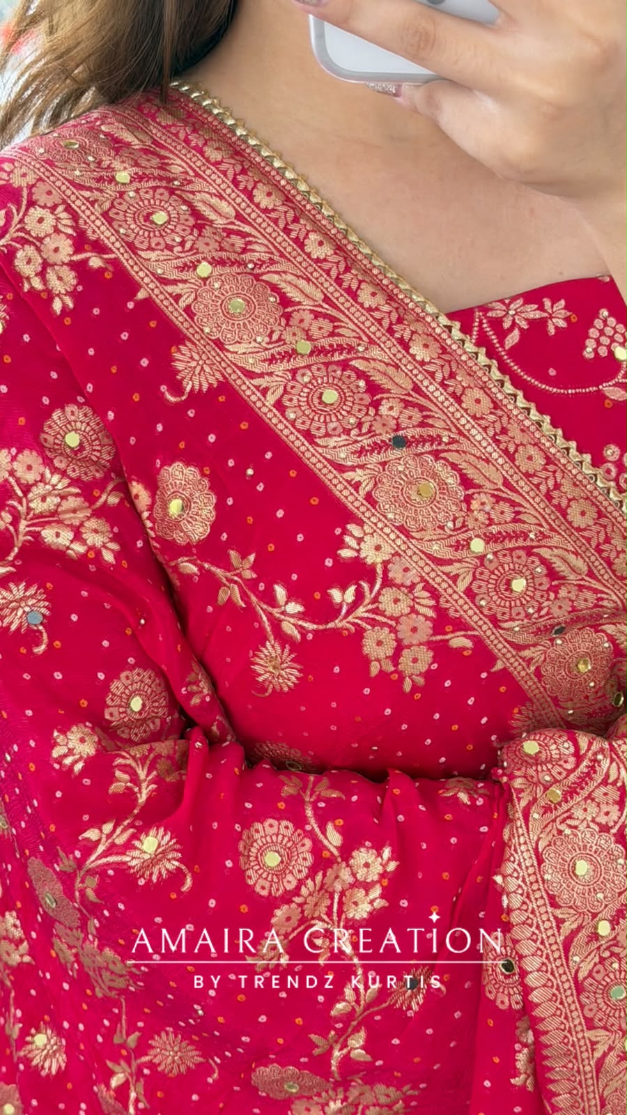Premium Chinnon Magenta Colour Bandhni Print Pattern Unstitch Suit With Banarasi