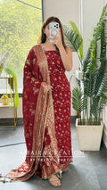 Premium Chinnon Maroon Colour Bandhni Print Pattern Unstitch Suit With Banarasi