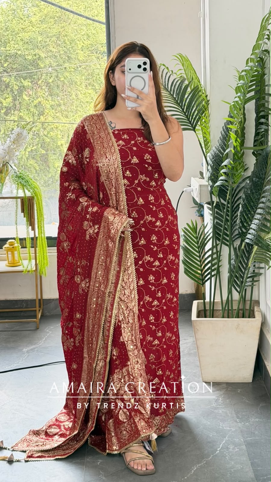 Premium Chinnon Maroon Colour Bandhni Print Pattern Unstitch Suit With Banarasi