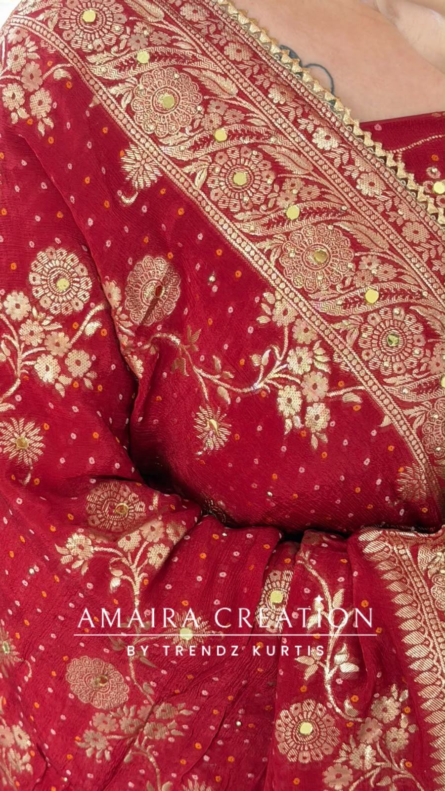 Premium Chinnon Maroon Colour Bandhni Print Pattern Unstitch Suit With Banarasi