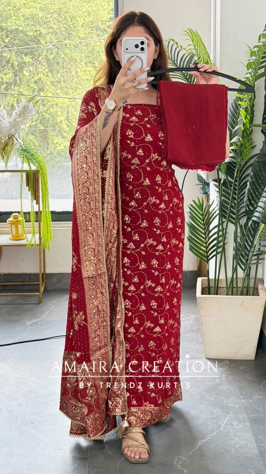 Premium Chinnon Maroon Colour Bandhni Print Pattern Unstitch Suit With Banarasi