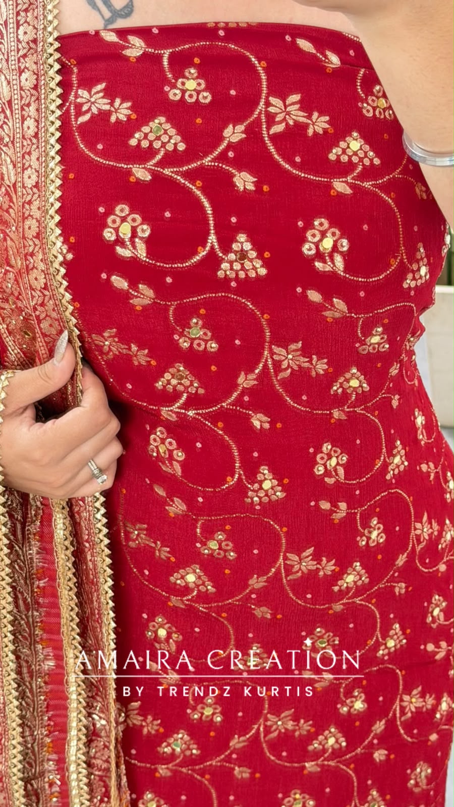 Premium Chinnon Maroon Colour Bandhni Print Pattern Unstitch Suit With Banarasi