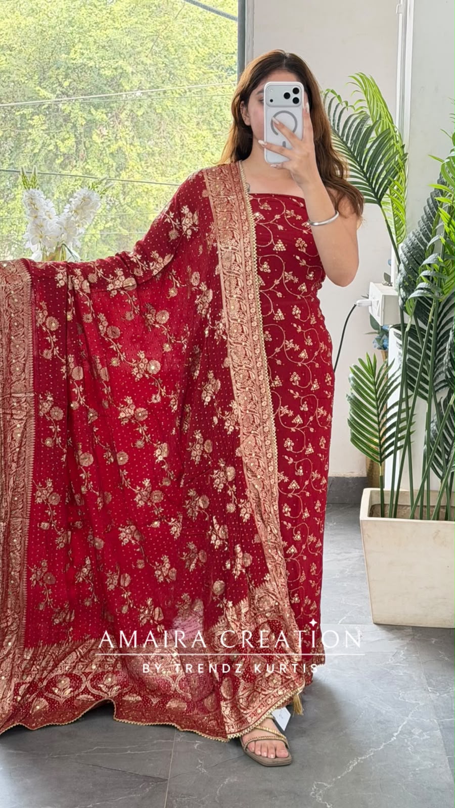 Premium Chinnon Maroon Colour Bandhni Print Pattern Unstitch Suit With Banarasi