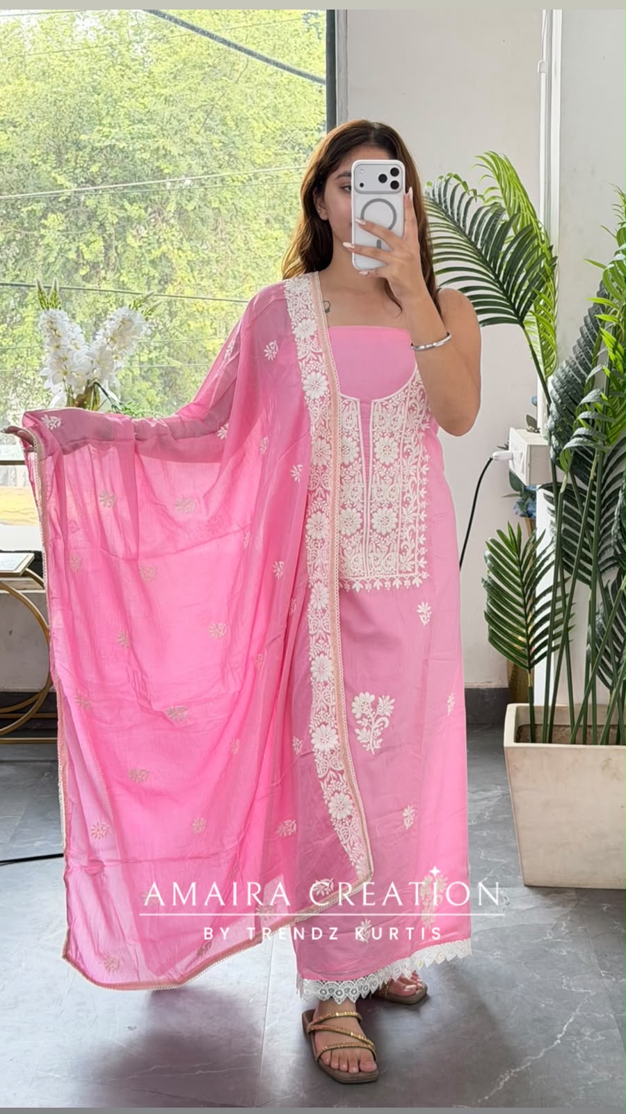 Premium Cotton Pink Colour Thread Embroidery Detailing Unstitch Suit