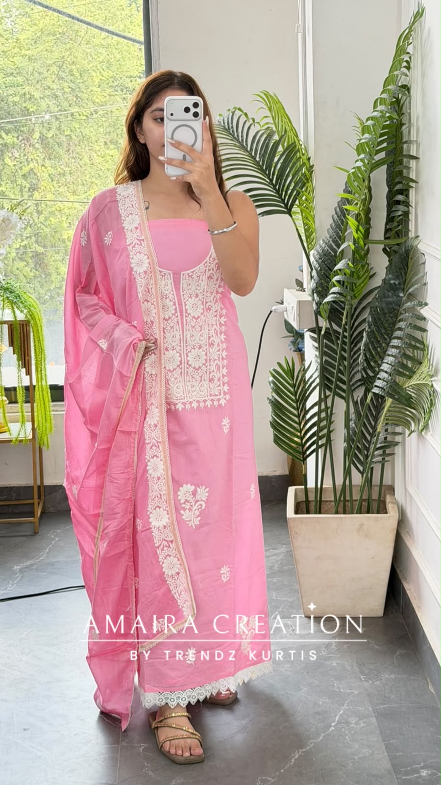 Premium Cotton Pink Colour Thread Embroidery Detailing Unstitch Suit