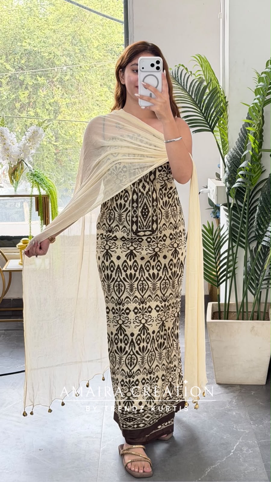 Premium Cotton Cream Brown Colour Unstitch Suit With Chiffon Dupatta