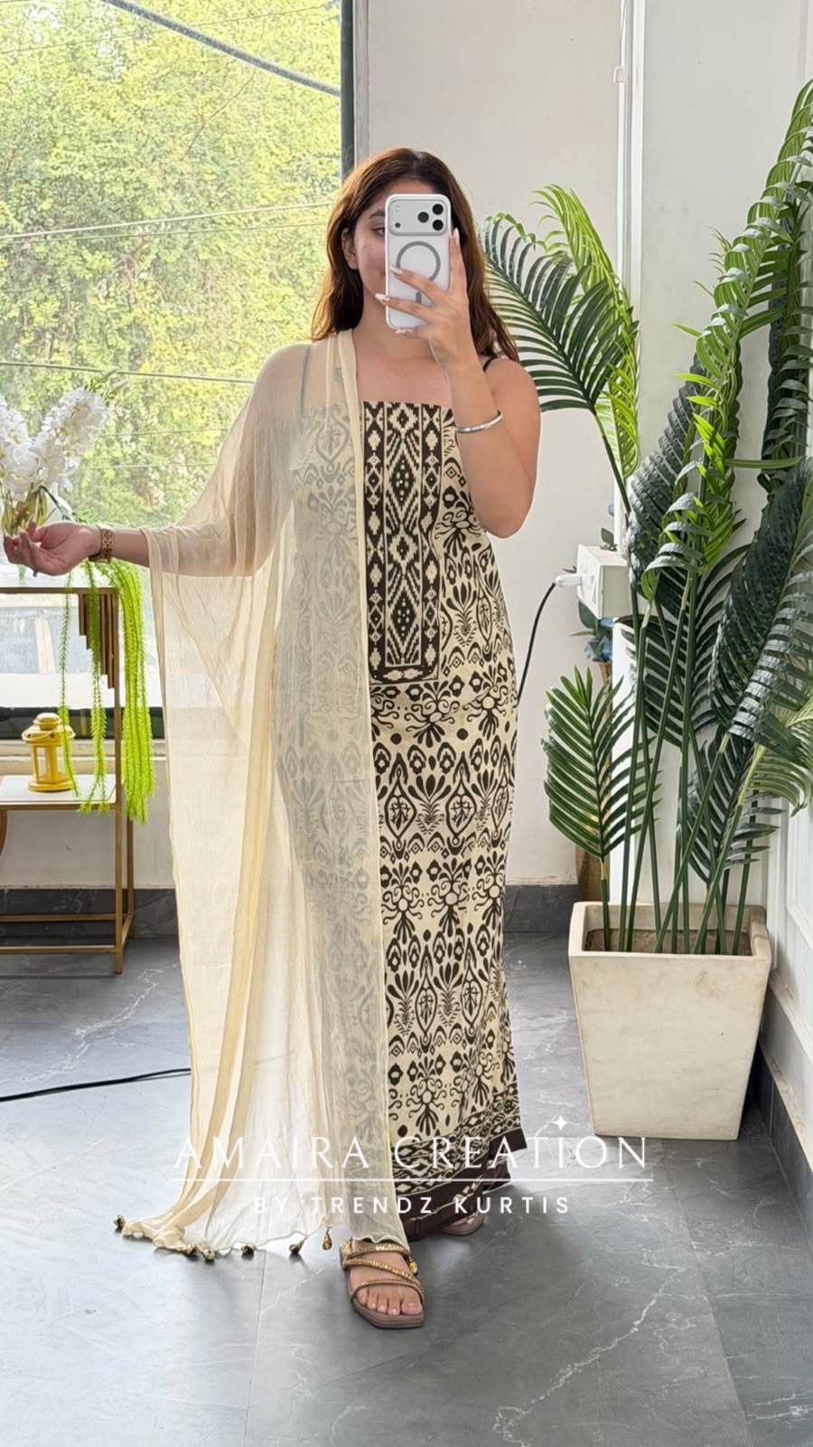 Premium Cotton Cream Brown Colour Unstitch Suit With Chiffon Dupatta
