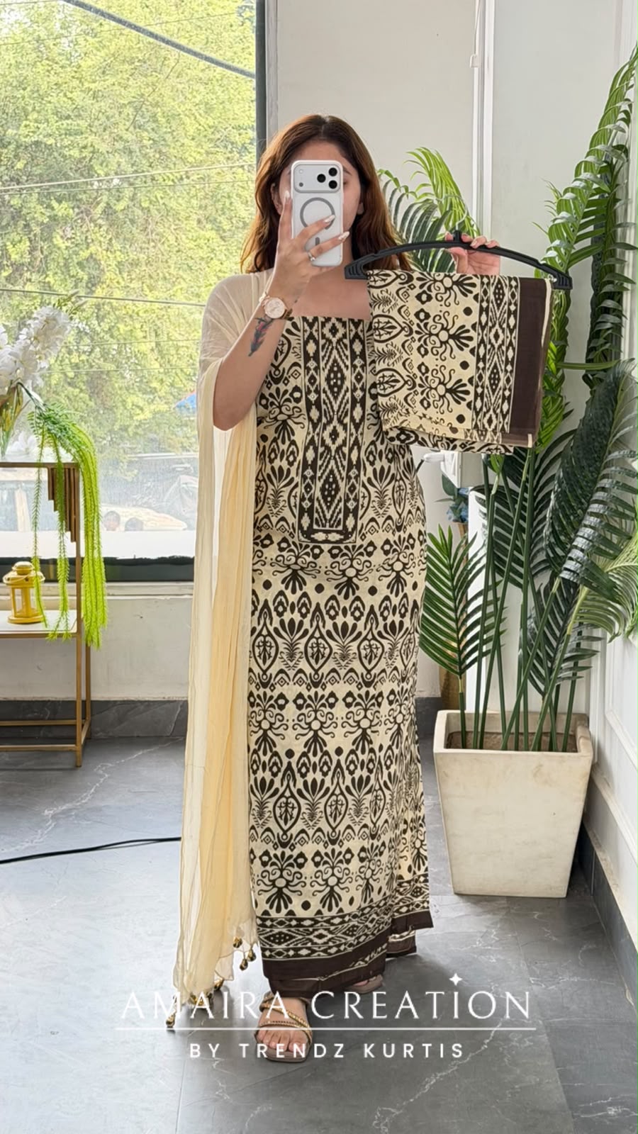 Premium Cotton Cream Brown Colour Unstitch Suit With Chiffon Dupatta