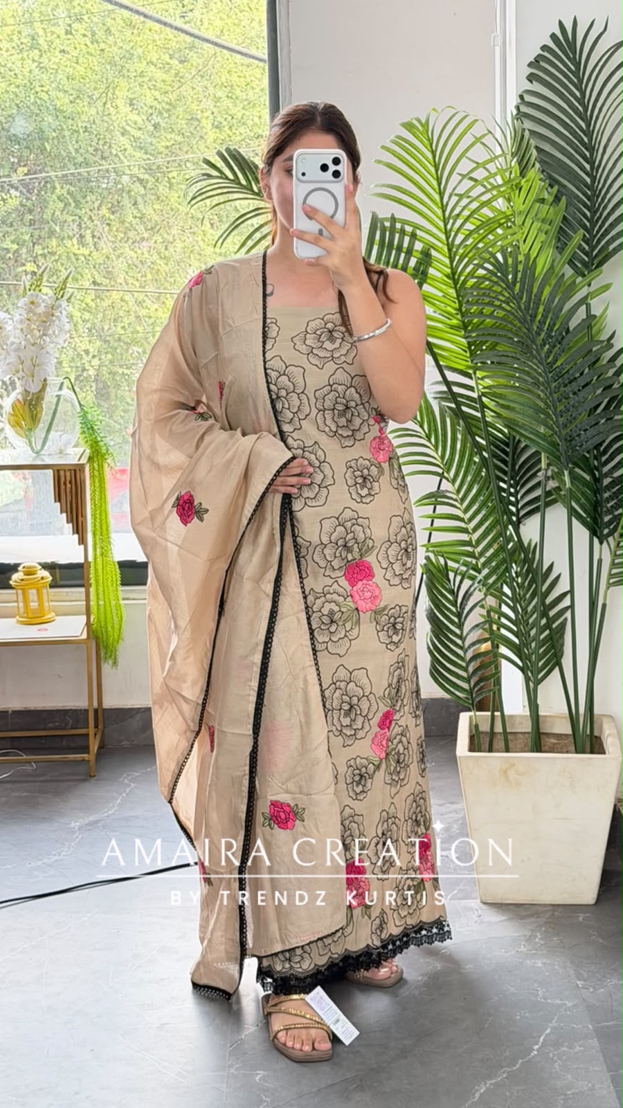 Premium Muslin Beige Colour Beautiful Thread Embroidery Detailing Unstitch Suit