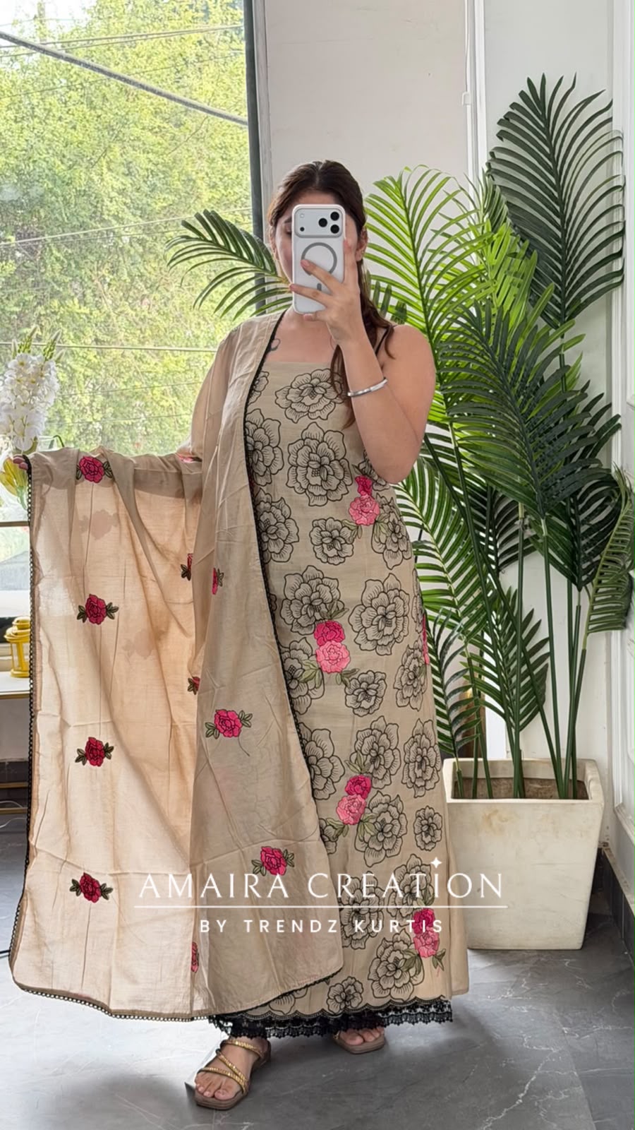 Premium Muslin Beige Colour Beautiful Thread Embroidery Detailing Unstitch Suit