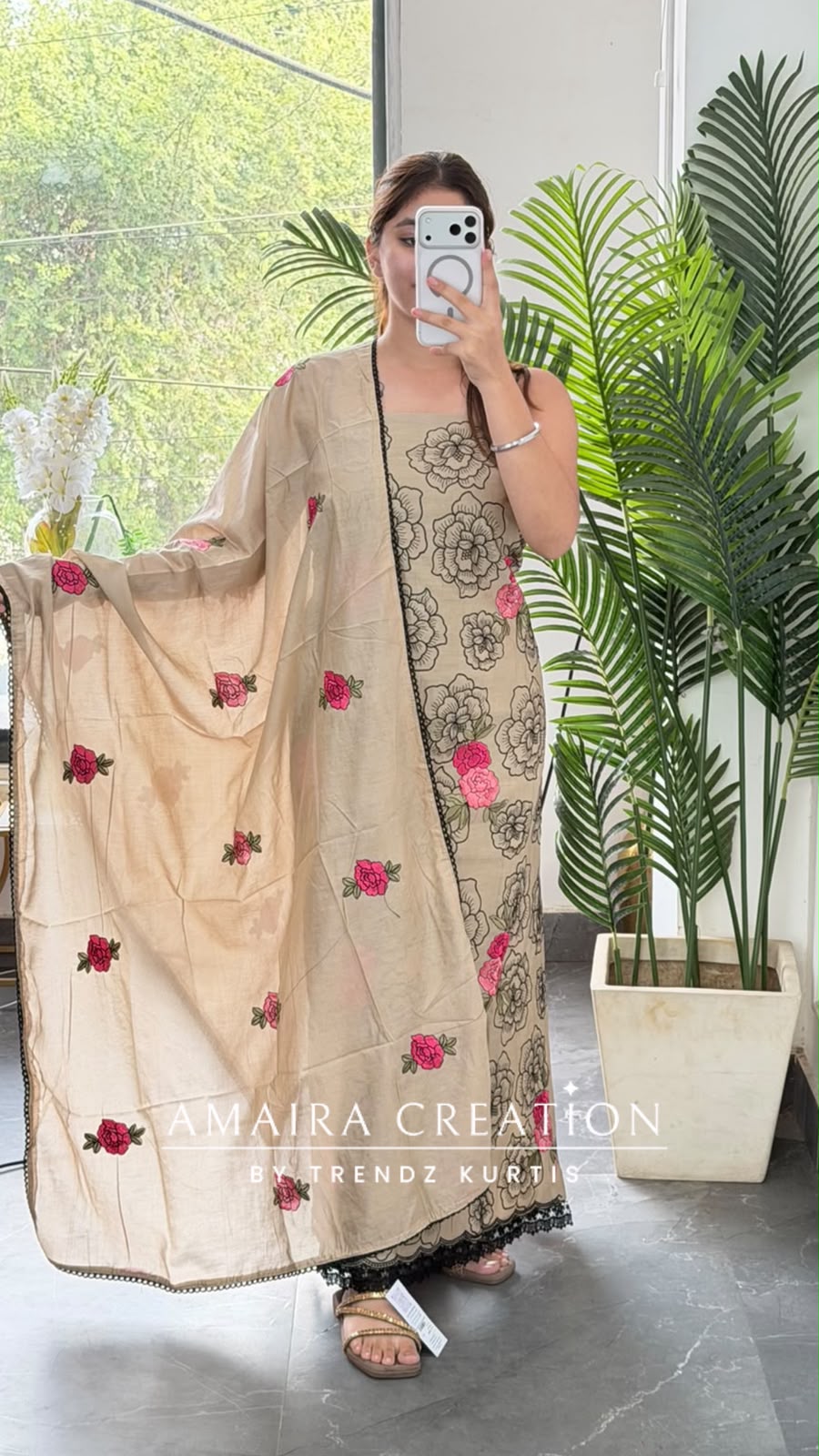 Premium Muslin Beige Colour Beautiful Thread Embroidery Detailing Unstitch Suit