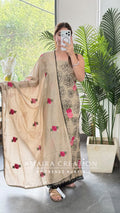Premium Muslin Beige Colour Beautiful Thread Embroidery Detailing Unstitch Suit
