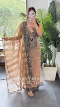 Premium Tissue Fabric Golden Colour Zari Patch Work Pattern Unstitch Suit